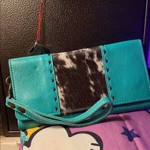 Turquoise Leather Clutch with Cowhide Accent
